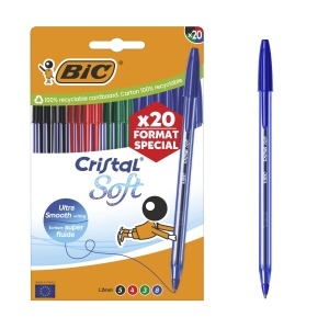 Pix BIC Cristal Soft, 20 bucati, varf mediu 1,2 mm, diverse culori