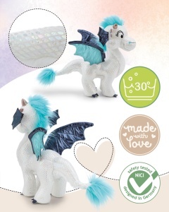 Plush Dragon NICI Zafura 20cm - alb - cu efect stralucitor si aripi albastre - Img 3