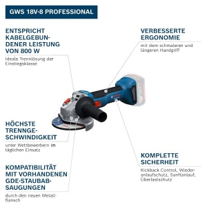 Polizor unghiular Bosch Professional GWS 18V-8, 125 mm, 800 W, cu L-BOXX - Img 2