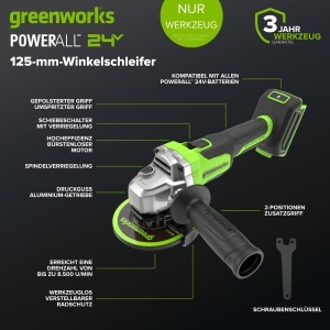 Polizor unghiular Greenworks AG370, 700 W, 8500 RPM, 125 mm - Img 2