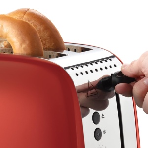 Prajitor de paine Russell Hobbs [pentru 2 felii] Culori Plus otel inoxidabil Rosu (fante de paine prajita foarte largi, inclusiv atasament pentru chifle, 6 niveluri de rumenire + functie de dezghetare, functie lift & look, 1600W) 26554-56 - Img 4