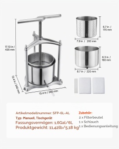 Presa manuala pentru fructe VEVOR SFP-6L din otel inoxidabil, 6 L, cu maner T - Img 7