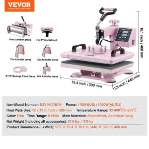 Presa termica multifunctionala VEVOR SJY-H12151M, 1050W, 30x38 cm, roz - Img 8