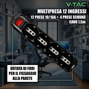 Priza multipla V-TAC, 12 locuri, 1.5 m cablu, neagra - Img 3