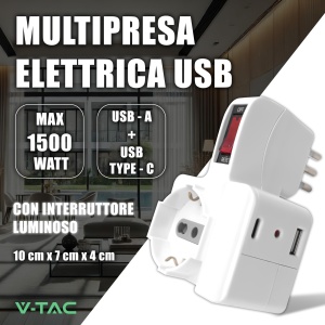 Priza multipla V-TAC cu USB-C 20W, 3 iesiri, 1,5m cablu - Img 2