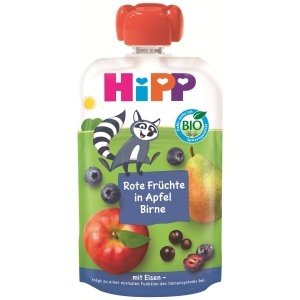 Punga cu piure de fructe HiPP Bio Rote Fruchte, 8 x 100g, fara zahar adaugat, vegan
