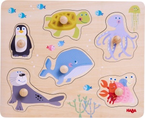 Puzzle din lemn HABA 306543 - Animalute marine, 6 piese, pentru copii de la 12 luni