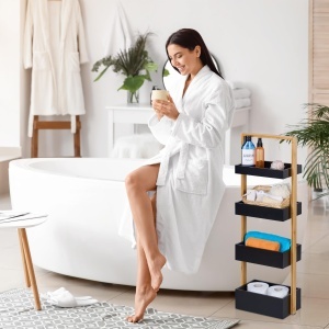 Raft pentru Baie Relaxdays, 4 Polite, 88 x 30 x 18 cm, Bambus, Negru - Img 2