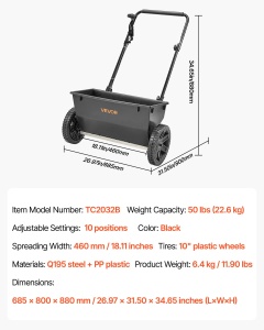 Raspanditor de seminte VEVOR TC2032B, capacitate 22,6 kg, latime 460 mm, roti 10 inch - Img 7