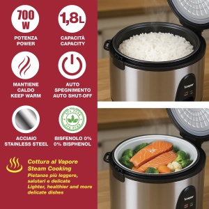 Rechizitor de orez BEPER Vapore Max 1800 g, inox, antiaderent, cu functie de mentinere cald - Img 2