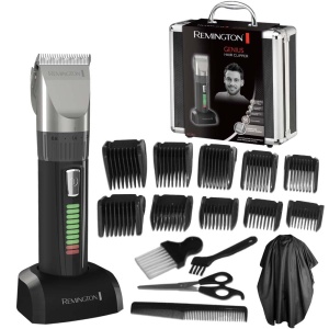 Remington Hair Clipper Professional [auto-ascutire. Lame ceramice/0,8-40 mm/reglare precisa] Set de tunsori de par (10 piepteni de atasament, retea/baterie, litiu, carcasa din aluminiu, pelerina de coafor) HC5811