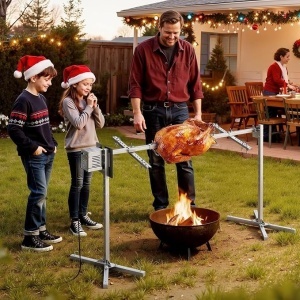 Rotisor Electric Grill BBQ 142 cm (56"), Motor 38W, Capacitate 60 kg, 8 Nivele Înălțime, Oțel Inoxidabil, pentru Porc, Miel, Curcan – Kit Complet cu Trepied și Furci SUS304 - Img 5