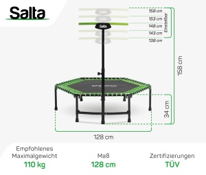 Salta Fitness - o128cm - Trambulina de interior - Maner reglabil pe inaltime in 5 directii - Suspensie elastica/bungee, Constructie solida - Hexagonala - Capacitate de incarcare de 110 kg - Verde - Img 7
