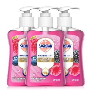 Sapun lichid antibacterian Sagrotan cu aroma de mure si fructe de padure 3 x 250 ml