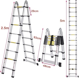 Scara telescopica din aluminiu, 5 metri, scara pliabila, scara multifunctionala, scara extensibila, capacitate maxima de incarcare: 150 kg., argintiu - Img 2