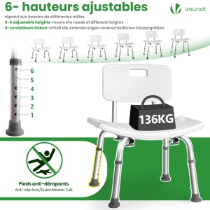 Scaun de dus VOUNOT cu spatar, inaltime reglabila 70-83cm, alb, suport dus - Img 4