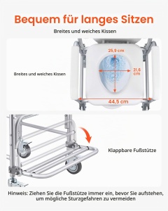 Scaun toaleta VEVOR FBL760637, capacitate 159 kg, cu roti si suport picioare - Img 4