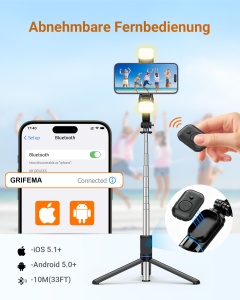 Selfie Stick GRIFEMA cu LED, 107cm, 3 Modi de Lumina, Compatibil cu iPhone si Android - Img 6