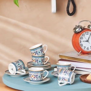 Set 12 Cani de Cafea Karaca Beylerbeyi, 80 ml, Portelan, Design Traditional Albastru