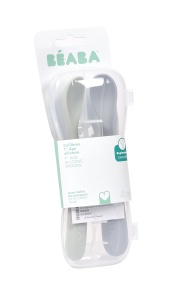 Set 2 linguri silicon Beaba pentru bebelusi varf moale maner ergonomic cu cutie de transport GriVerde - Img 3
