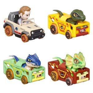 Set 4 Masini Die-Cast Hot Wheels RacerVerse Jurassic World cu Figurine - Img 3
