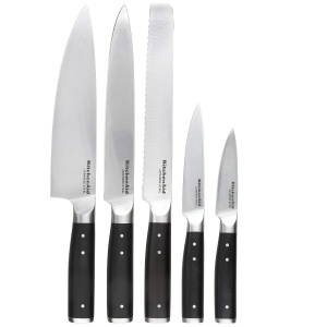 Set cutite KitchenAid Gourmet 6 piese manere negre otel japonez bloc din lemn cu ascutitor integrat - Img 2
