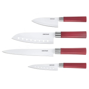 Set cutite profesionale Cecotec japoneze 4 bucati inox AISI 420B acoperire ceramica rosu - Img 1