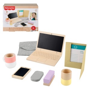 Set de birou din lemn Fisher-Price pentru copii, 9 piese, sustenabil