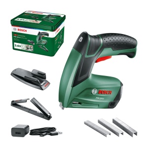 Set de capsator cu acumulator Bosch PTK 3.6 LI cu capsator de hartie si capsator pentru brosuri (baterie integrata, 3,6 volti, set capsator, 30 batai/min, in cutie metalica) - Img 1