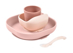 Set de farfurii din silicon BEABA, 4 piese, roz, cu suport pentru prindere