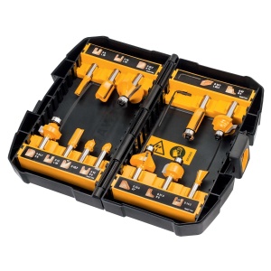 Set de freze din carbura DEWALT 12 piese, design anti-kickback, cutite HM, cutie inclusa