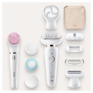 Set de frumusete Braun Silk-epil 9 Flex, epilator femei / indepartator de par, perie de curatare faciala FaceSpa, 9 accesorii, geanta, cu cap flexibil pentru o indepartare mai usoara a parului, 9100, alb/auriu - Img 9