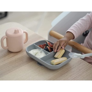 Set de invatare din silicon Beaba, 3 piese, farfurie cu 3 compartimente, albastru - Img 2