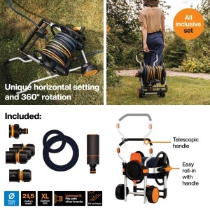 Set de Irigare Manual Fiskars Waterwheel XL, 20m furtun, NegruPortocaliu - Img 2