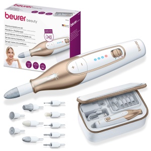 Set de manichiura/pedichiura Beurer MP 64, set electric de ingrijire a unghiilor cu baterie, 10 accesorii pentru ingrijirea unghiilor pentru maini si picioare frumoase, cu lumina LED, marime unica, alb si auriu