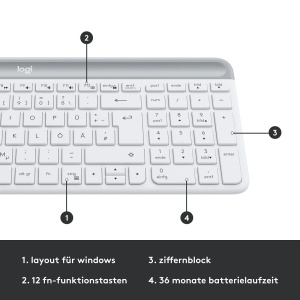 Set de mouse cu tastatura fara fir Logitech MK470 Slim Combo, conexiune de 2,4 GHz prin receptor nano USB, raza de actiune de 10 m, durata de viata a bateriei de 18 luni, PC/laptop, aspect QWERTZ german - alb - Img 2
