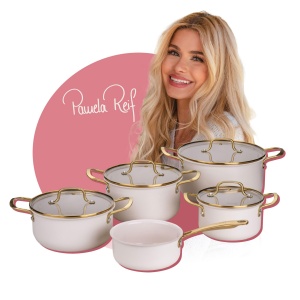 Set de oale Fackelmann x Pamela Reif 9 piese aluminiu reciclat pastell beige ceramica PFAS-free