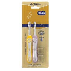 Set de Periute de Dinti Chicco pentru Copii, 2 Bucati, Culoare Lila si Mustar, Cu Cap Rotunjit