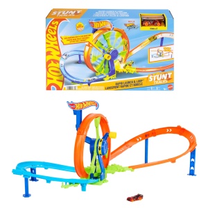 Set de pista Hot Wheels cu looping si masina Die-Cast 164, cu maner pentru transport