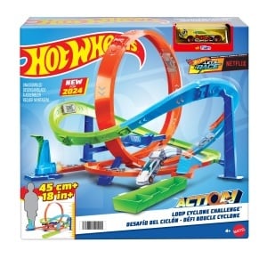 Set de pista Hot Wheels Looping-Zyklon-Challenge cu 2 moduri de joc, 164, cu maner - Img 7