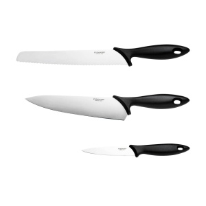Set de pornire Fiskars, set de cutite din 3 piese, cutit de bucatar, cutit de paine, cutit de curatat (lungimi lama: 20 cm, 23 cm, 11 cm), esential, otel inoxidabil / plastic PP, negru, 1065583