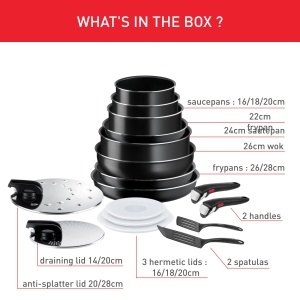 Set de vase de gatit Tefal Ingenio Easy On de 17 piese, acoperire antiaderenta, indicator de pornire, baza de difuzie, gatit sanatos, gatit in siguranta, L1599702, negru - Img 2
