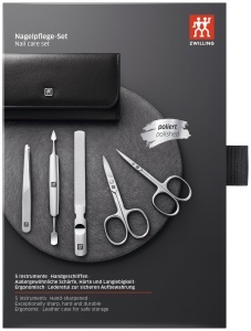 Set manichiura si pedichiura ZWILLING Classic 5 piese otel inoxidabil etui piele neagra - Img 6