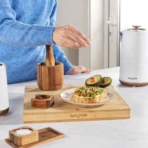 Set recipiente pentru condimente Salter Toronto, din lemn de salcam, 2 boluri cu suport, design inteligent - Img 4