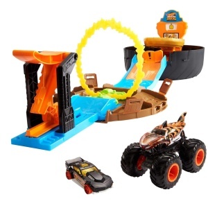 Set Stunt pentru Masini Hot Wheels GVK48, Arena cu Rampa, 1 Masina 164 si 1 Monster Truck