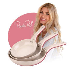 Set tigai Fackelmann x Pamela Reif 3 piese O 20-24-28 cm aluminiu reciclat bej pastel acoperire ceramica fara PFAS