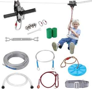 Set Tiroliană VEVOR 35,6 m pentru Copii și Adulți – Kit Complet cu Frână pe Arc din Oțel Inoxidabil, Capacitate 226,8 kg, Ușor de Montat, Perfect pentru Grădină și Exterior