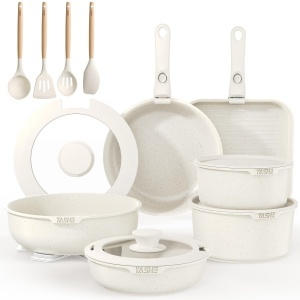 Set vase YASHE 21 piese alb antiaderent cu manere detasabile si capac de sticla