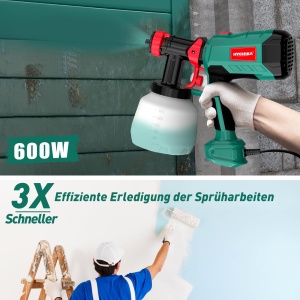 Sistem de pulverizare a vopselei HYCHIKA 600W, pulverizator de vopsea HVLP de 1200 ML, 3 modele de pulverizare, 4 duze si 2 instrumente de curatare, pistol de vopsea reglabil pentru pereti si lemn, metale - Img 7