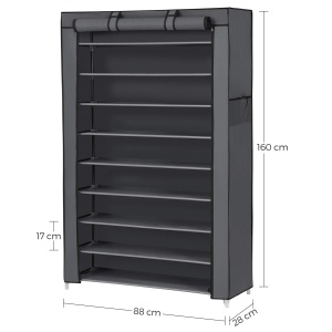 SONGMICS Suport pentru pantofi 10 niveluri suport pentru pantofi pentru zona de intrare 28 x 88 x 160 cm cu husa din tesatura ingust cadru metalic gri - Img 7